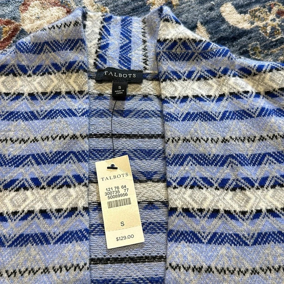 NWT TALBOTS WOMEN CARDIGAN SWEATER TOP BLUE SILVER WHITE SMALL LONG SLEEVE - Picture 2 of 8